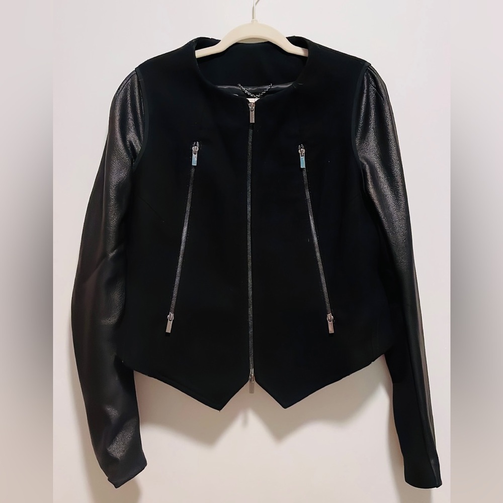 BCBG MAXAZRIA WOOL & VEGAN LEATHER CROPPED JACKET